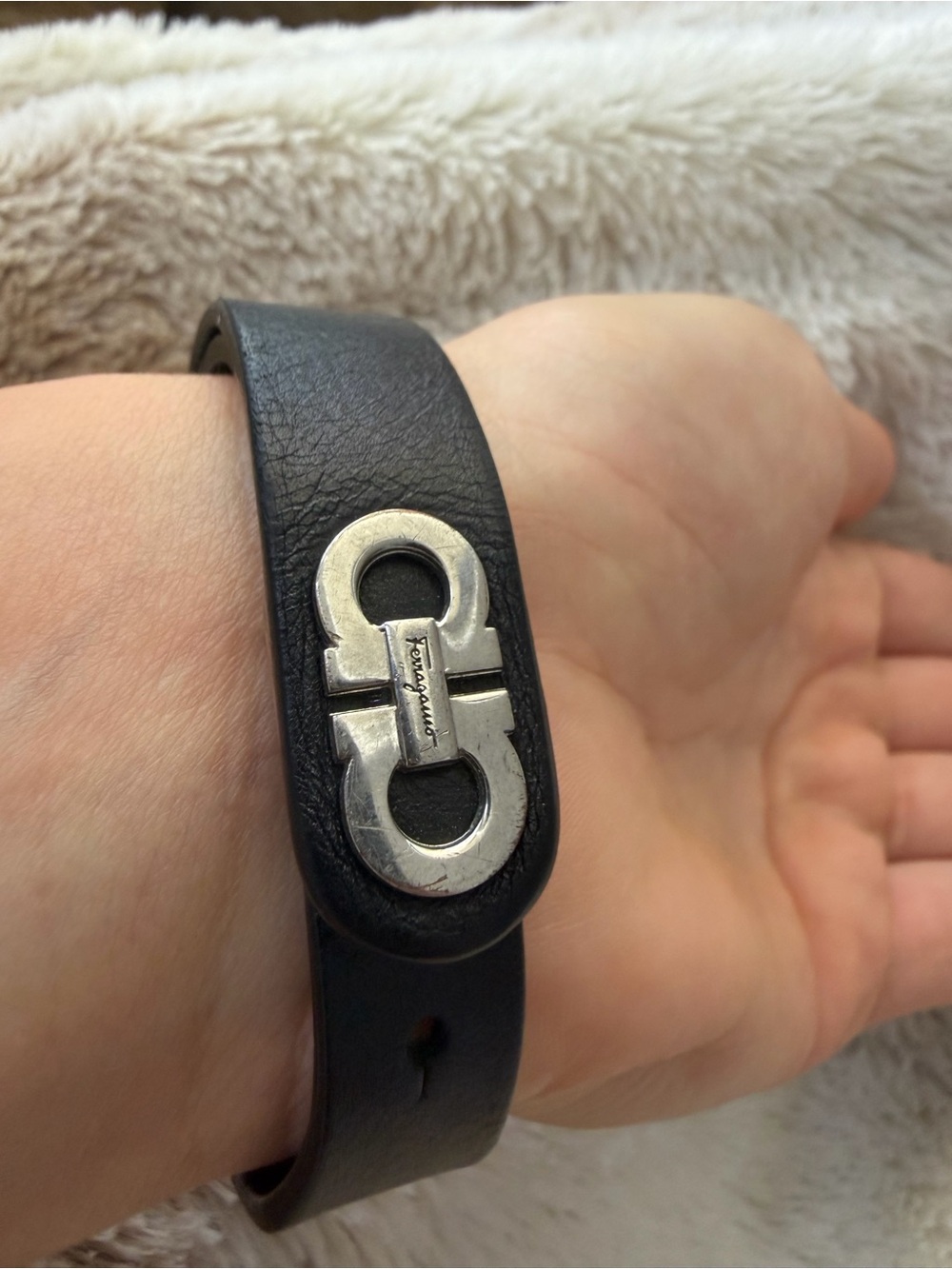Salvatore Ferragamo Black Leather Bracelet with Silver Gancini Hardware
